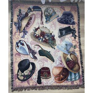 Tapestry Throw Blanket Vintage Style Hats Fringe Shabby Chic Grannycore 48x60 in